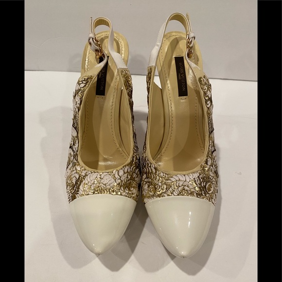 Louis Vuitton patent leather sequin heels pumps slingback white gold 37 - Picture 4 of 11
